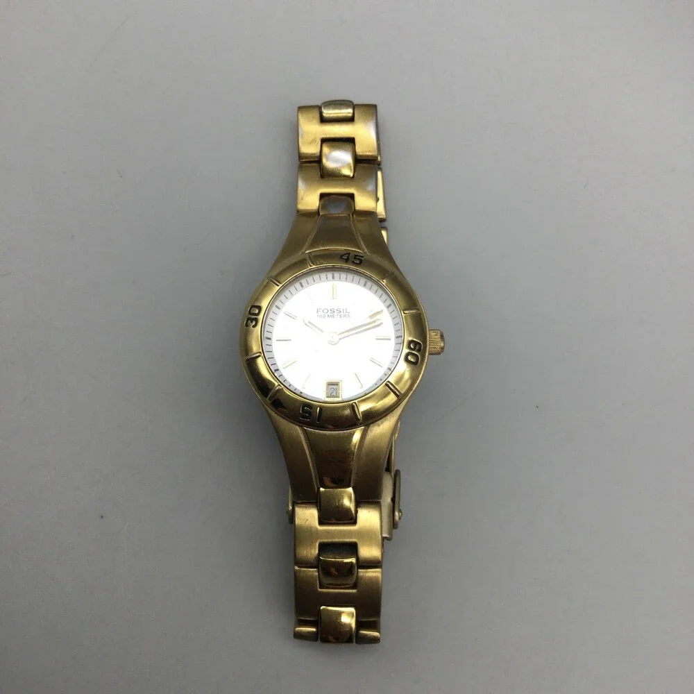 Fossil AM-3859 Womens Watch 25mm White MOP Dial Gold Tone Date New Battery 6